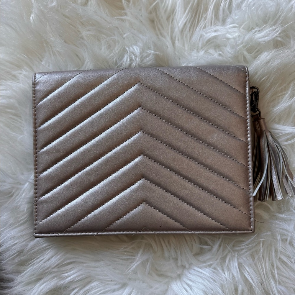 Neiman Marcus Quilted Clutch with Tassel rose gold